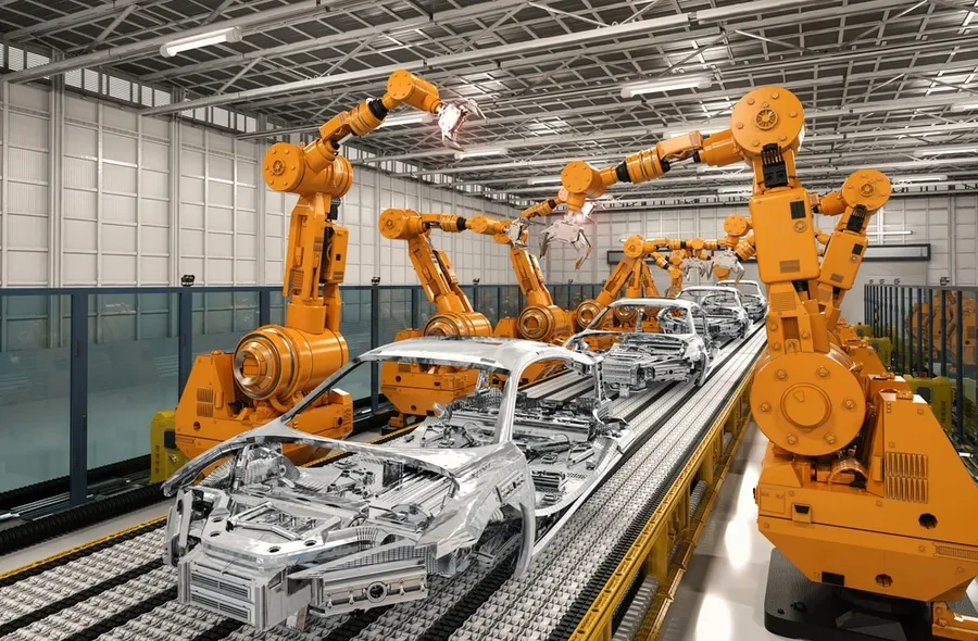 An automated production line with robotic arms and conveyor belts in operation.
