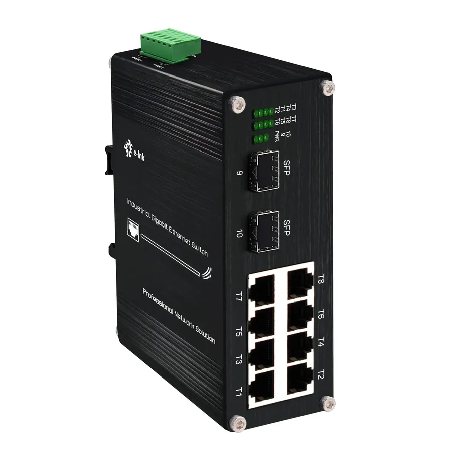 An industrial Ethernet switch with multiple ports and LED indicators.