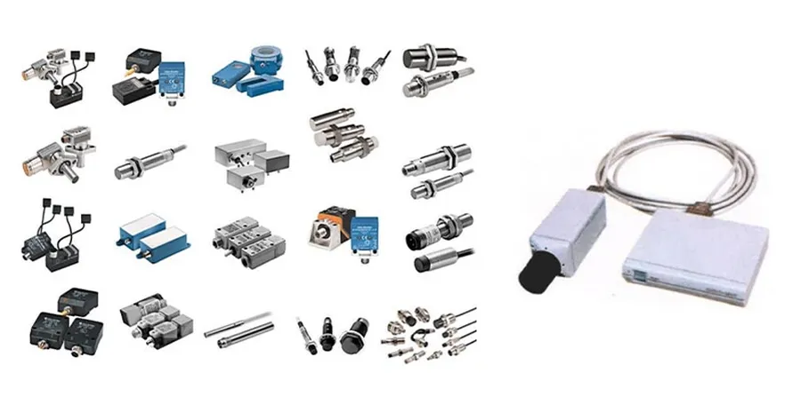 Close-up of various industrial sensors, including temperature, pressure, and proximity sensors.