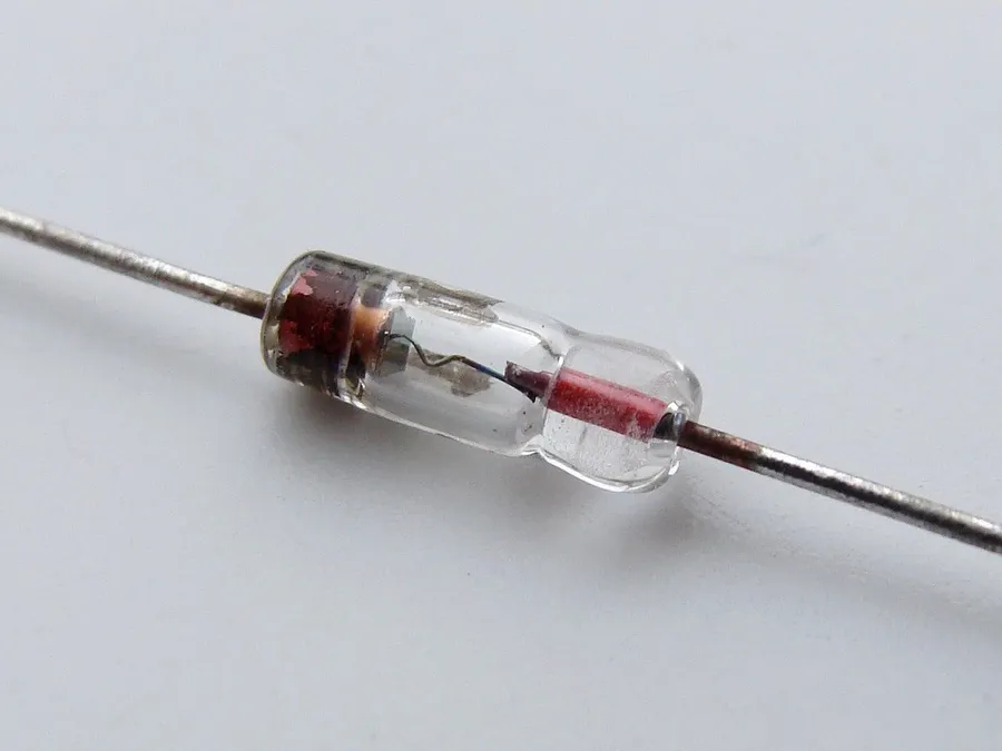 Close-up view of various diodes, including LEDs and rectifier diodes.