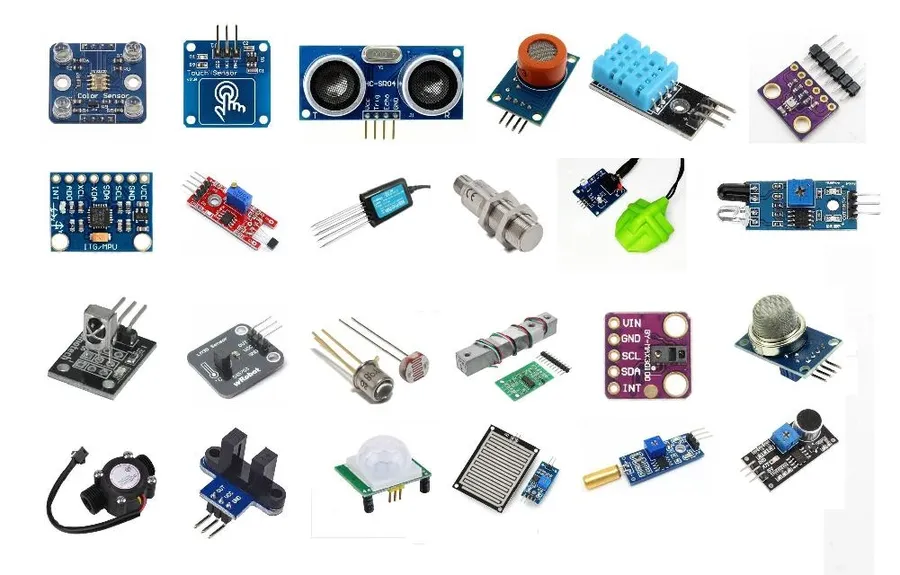 Different types of electronic sensors, such as temperature, light, and pressure sensors.
