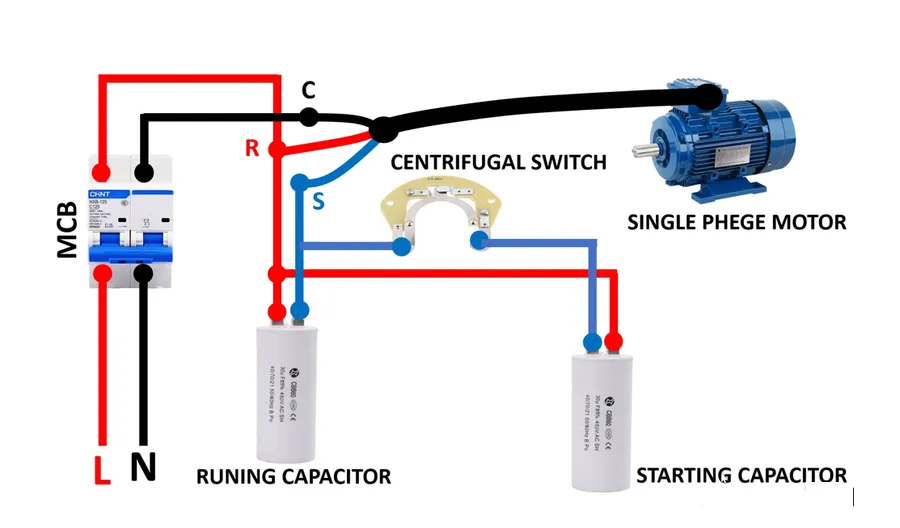 A wiring diagram showing how to connect a capacitor to an AC motor.