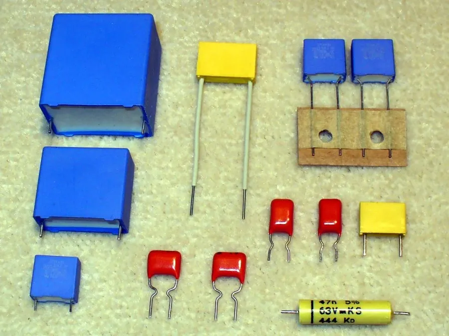 A close-up of different types of capacitors.