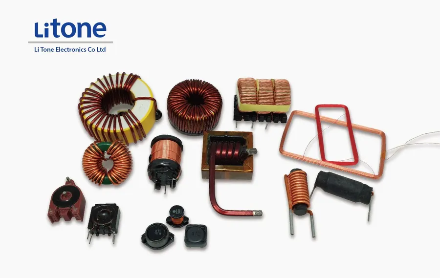 A variety of inductors in different shapes and sizes.