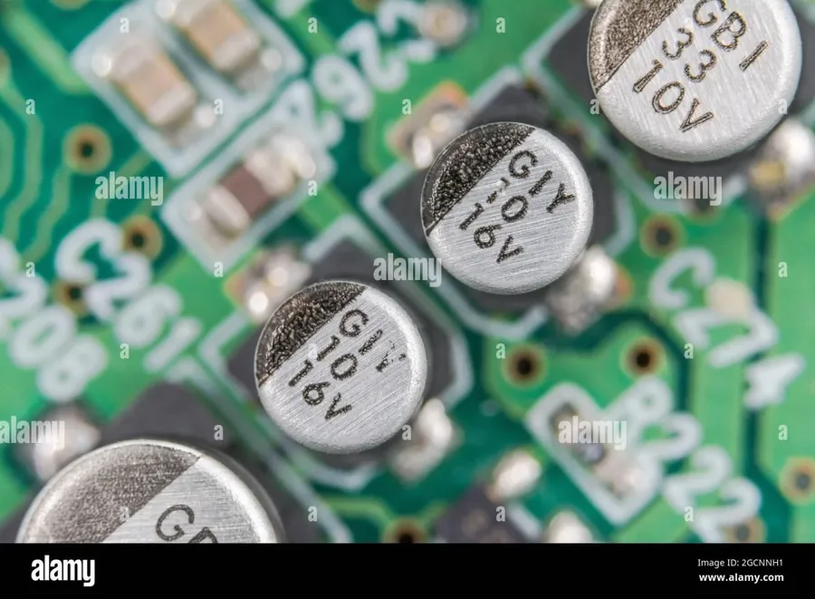 A capacitor mounted on a circuit board.