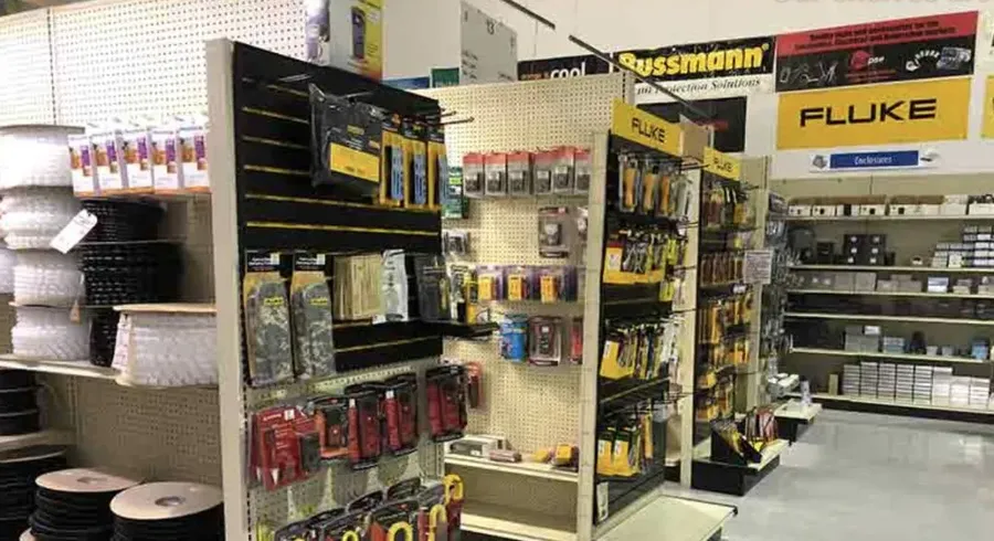 A display of various electronic components in a retail store.