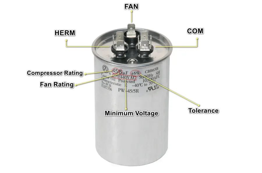 A close-up of a damaged AC capacitor with a bulging top.