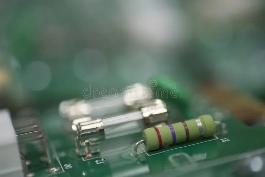 A circuit board showing a fusible resistor.