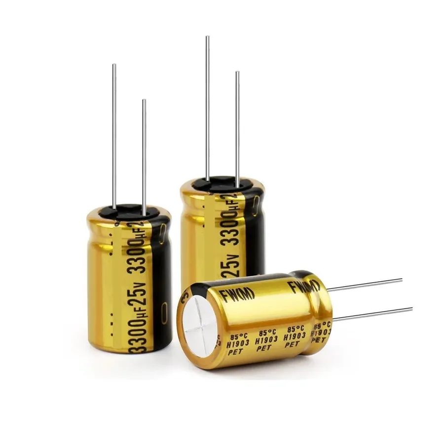 Filter capacitors on an audio amplifier circuit board.