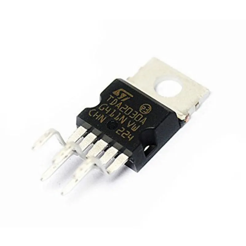 A close-up view of a TDA2030 amplifier chip.