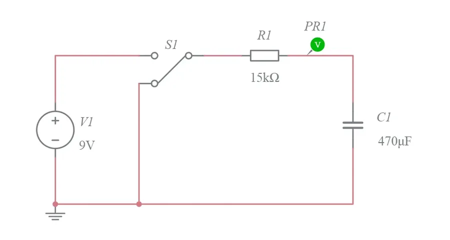 A simple circuit diagram showing a capacitor charging and discharging.