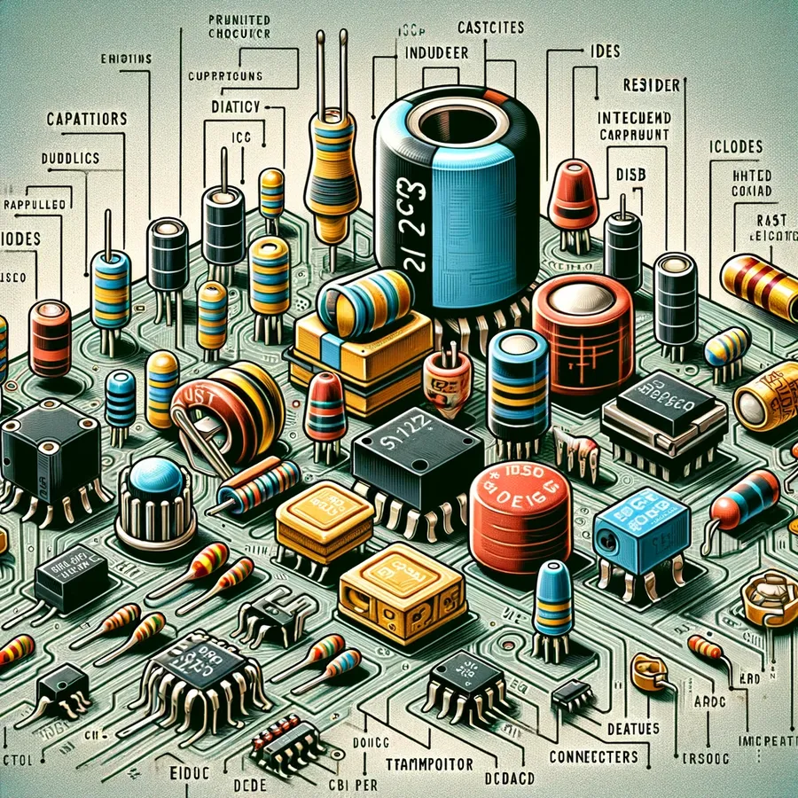 An arrangement of various electronic components used on a PCB.