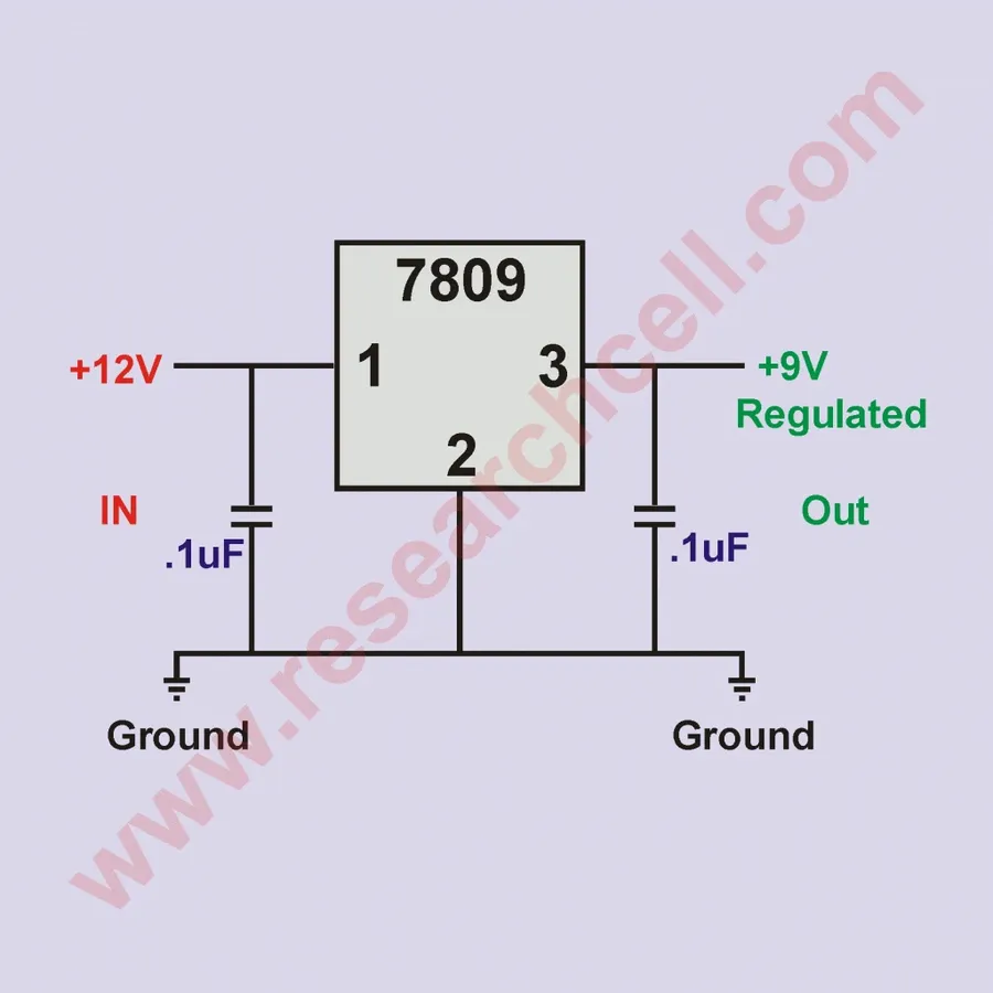 A schematic diagram of a simple circuit using a 7812 voltage regulator.