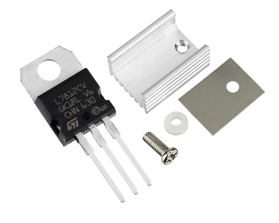 A 7812 voltage regulator mounted with a heatsink.