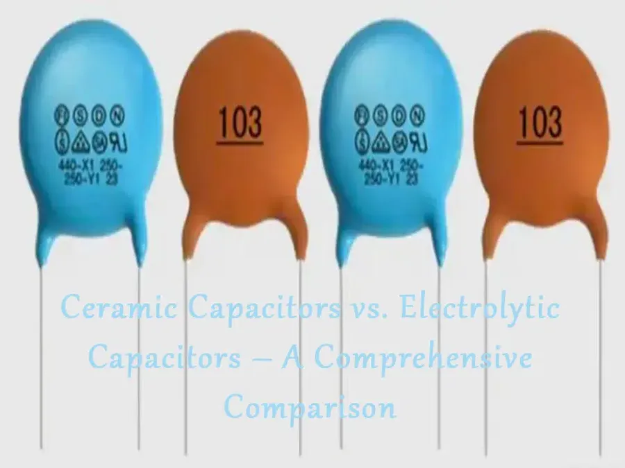 Side-by-side comparison of a mica capacitor with a ceramic capacitor.