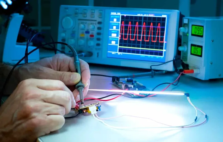 An electronic component being inspected using a magnifying glass.