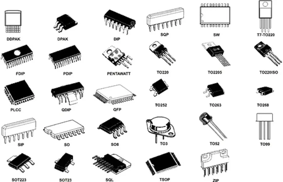Various packaging of electronic components, including tape reels and trays.
