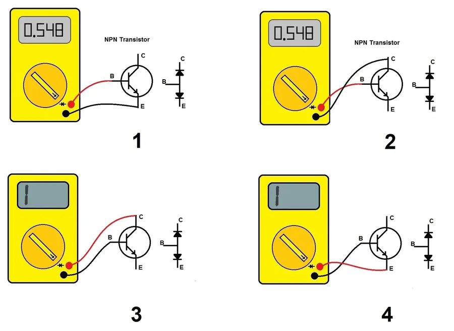 A multimeter probe testing a SMD transistor on a circuit board.