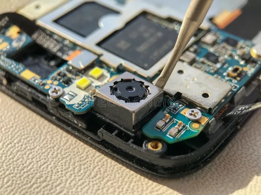 A smartphone motherboard with several visible ICs.
