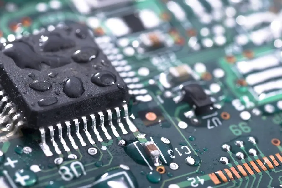 Internal view of an electronic device, showing resistors and capacitors.