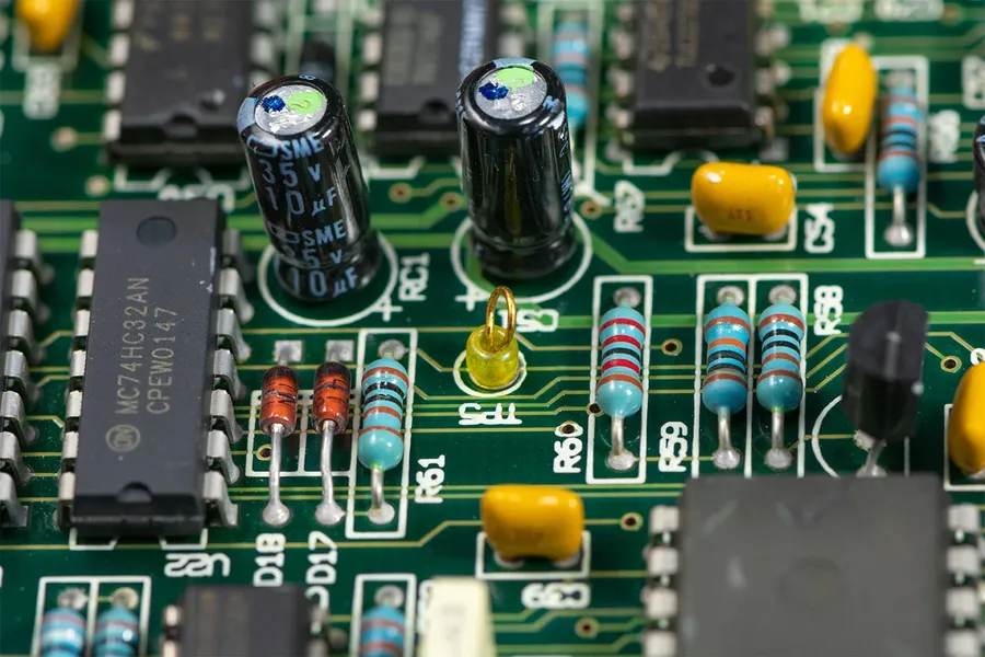 A close up of a PCB showing the component markings and symbols printed on the silkscreen.