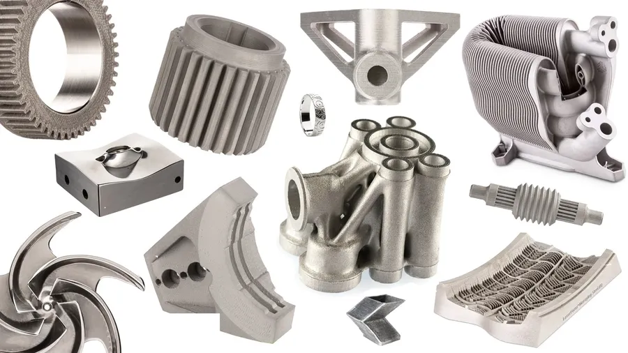 Various metal 3D printed parts with a metallic finish.