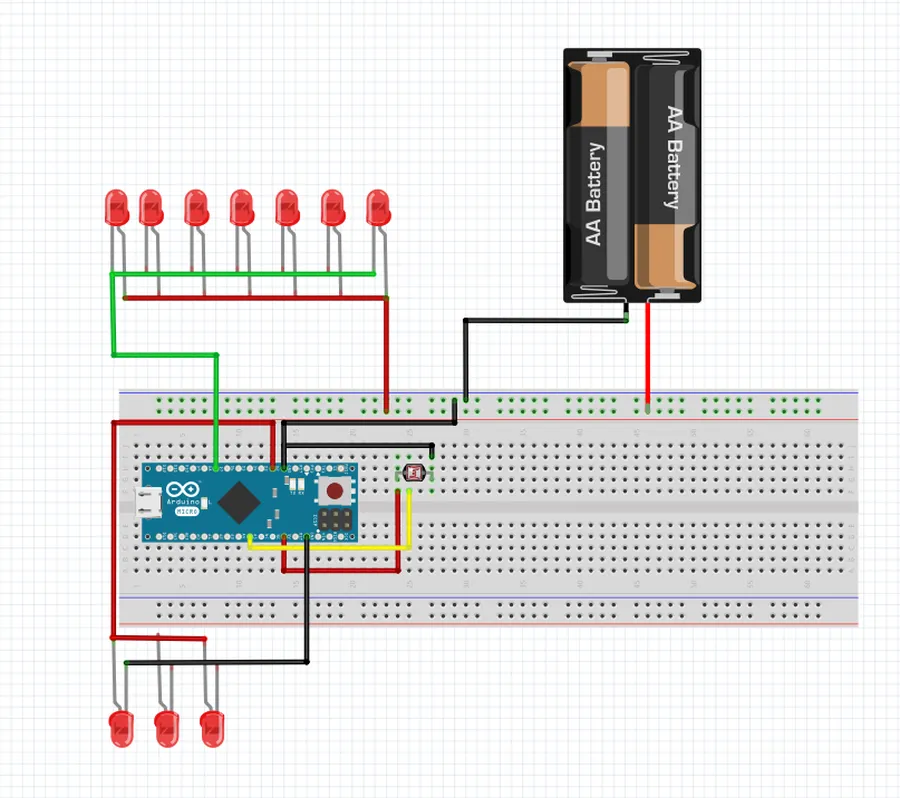 An Arduino Micro connected to an LED with jumper wires.