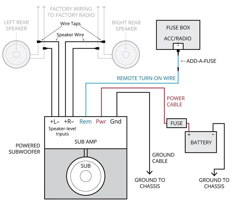 Wiring diagram showing a capacitor connected to an amplifier.