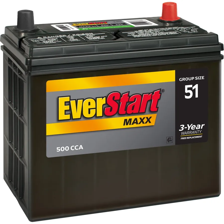 A typical car battery with terminals.