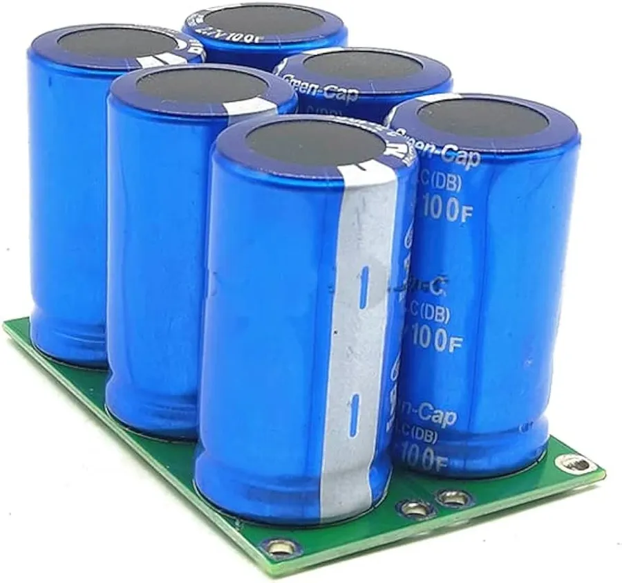 A closeup of a capacitor with farad markings.
