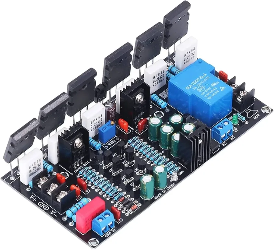 A close-up of an audio equipment circuit board, showing resistors.