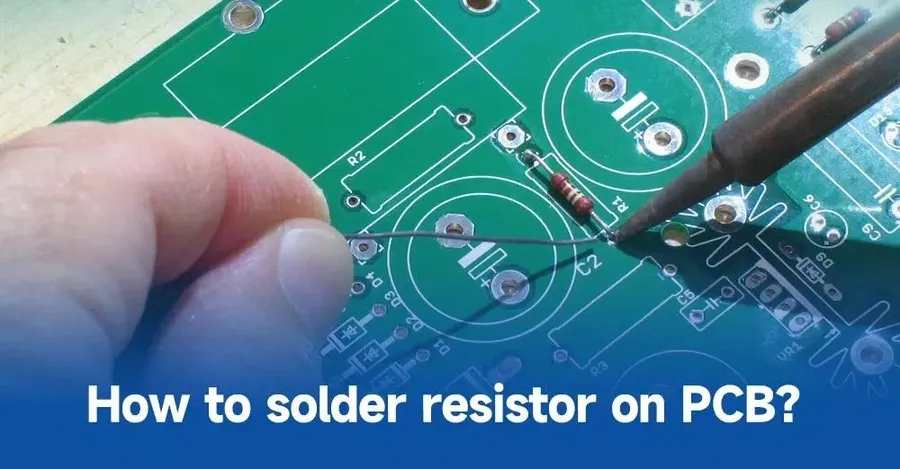 Hand soldering a resistor onto a circuit board.