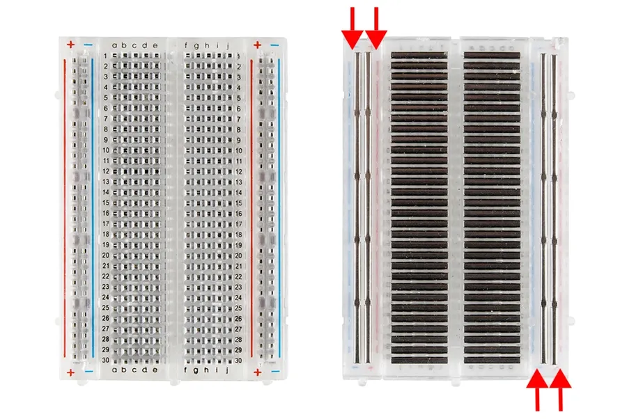 Close-up of different wiring techniques on a breadboard, showing best practices and examples of mistakes.