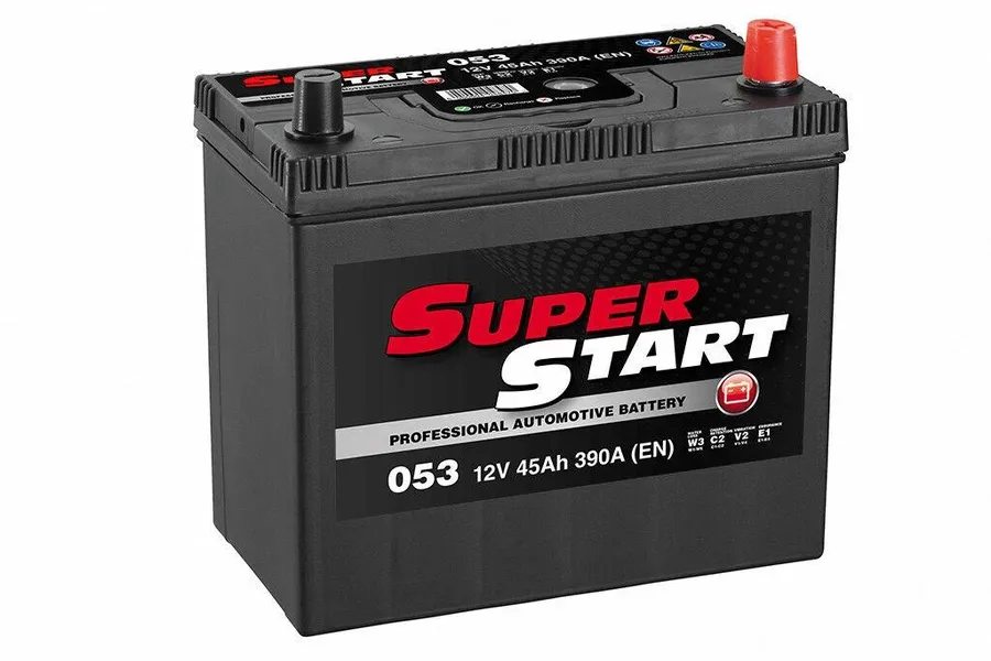 A close-up view of a car battery with its terminals and cables.