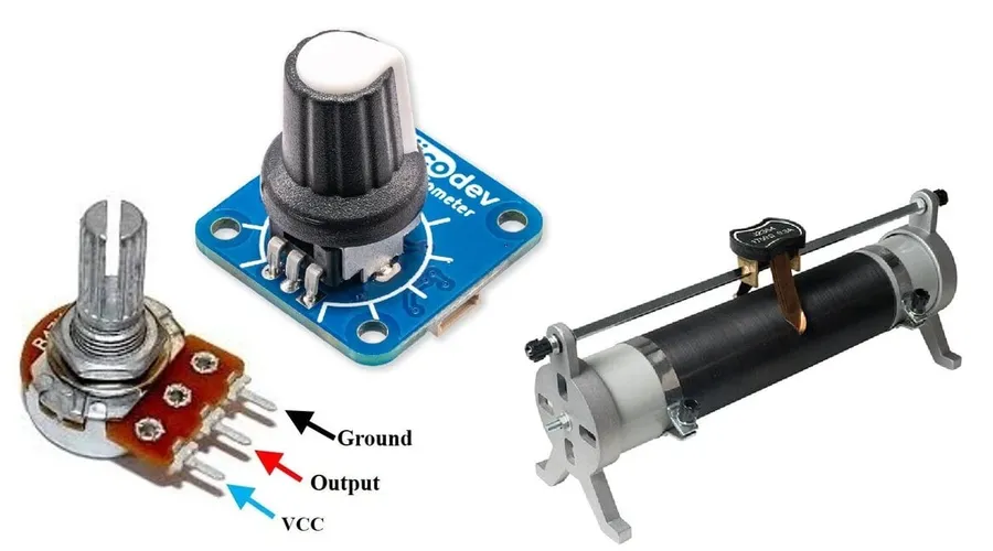 Several different electronic potentiometers laid out on a surface.