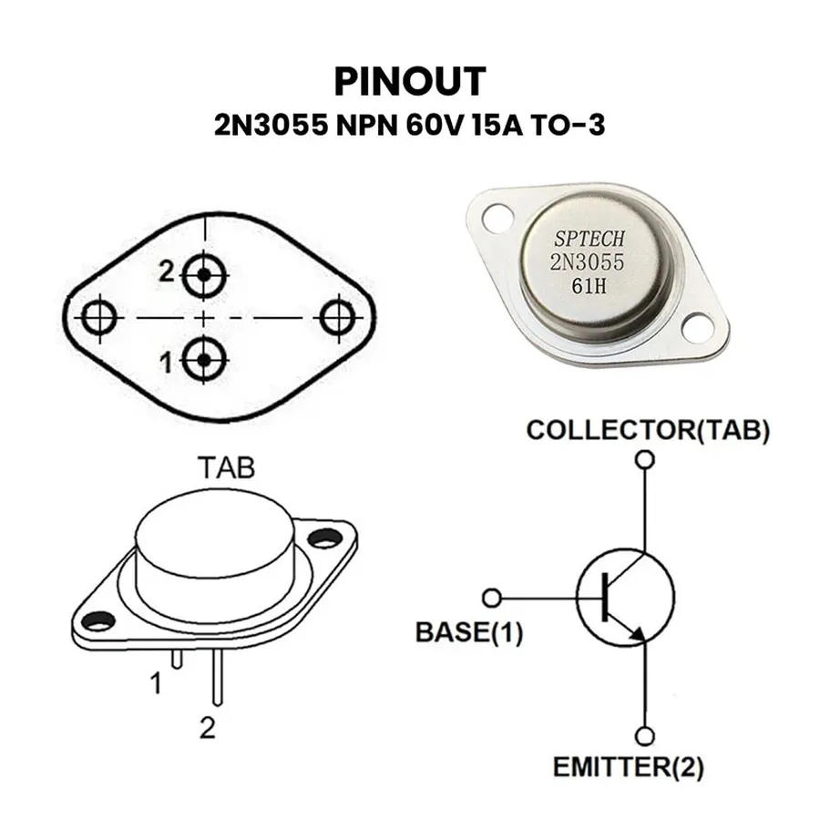 A diagram showing the pin configuration of a 2N3055 transistor.