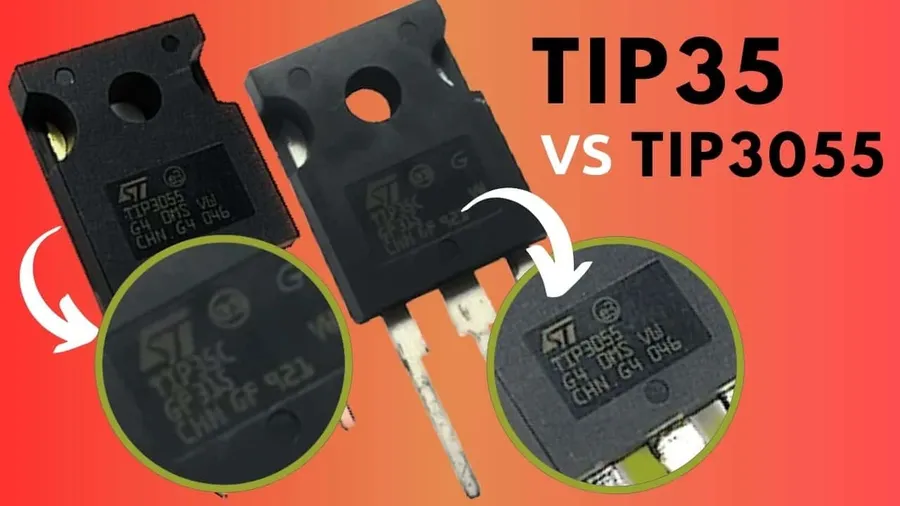A side-by-side view of a 2N3055 and a TIP3055 transistor.