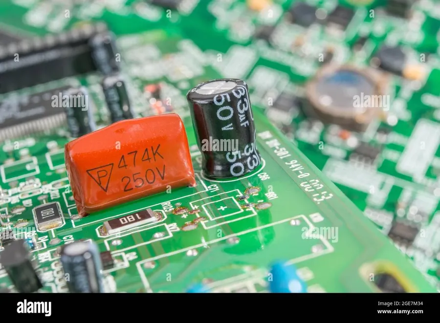 A circuit board with various electronic components including polyester capacitors.