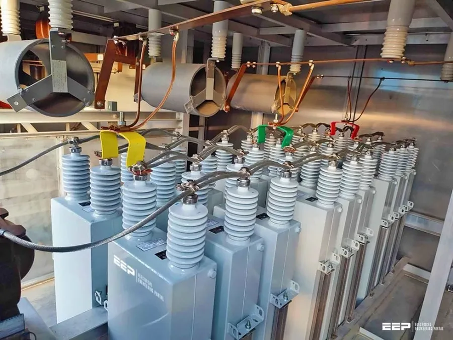 A bank of shunt capacitors installed in a substation.
