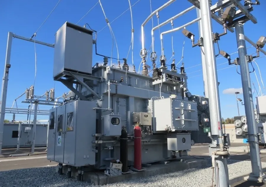 Shunt capacitors installed on a high-voltage transmission line.