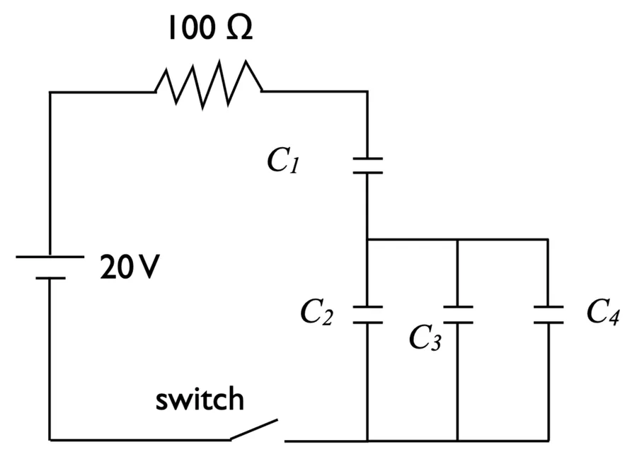 A circuit diagram showing the schematic symbol for a capacitor in a basic circuit.