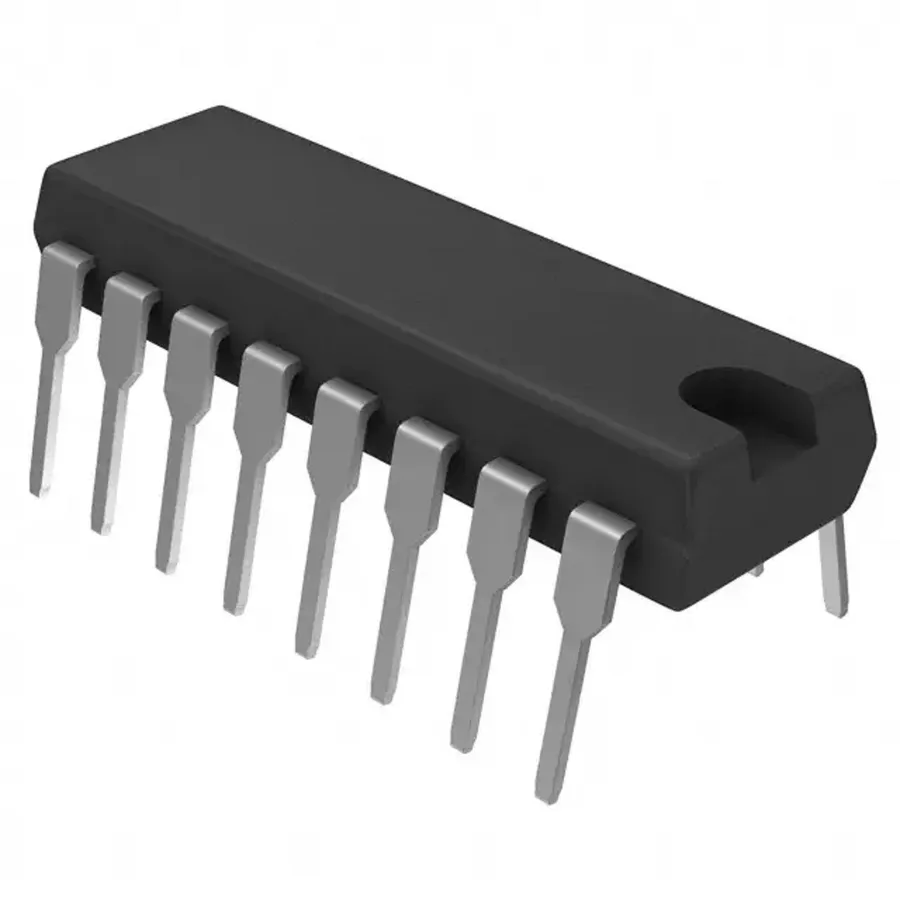 An example of a DIP package containing IC logic gates.