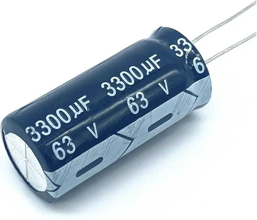 A close-up of several different electrolytic capacitors.
