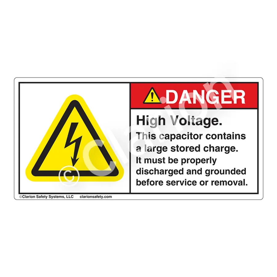 A safety label on a high voltage capacitor.