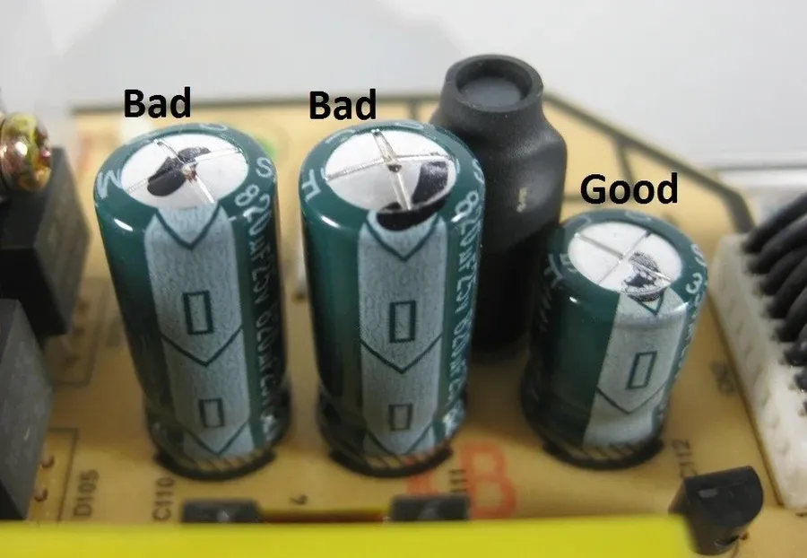 A damaged or bulging capacitor.