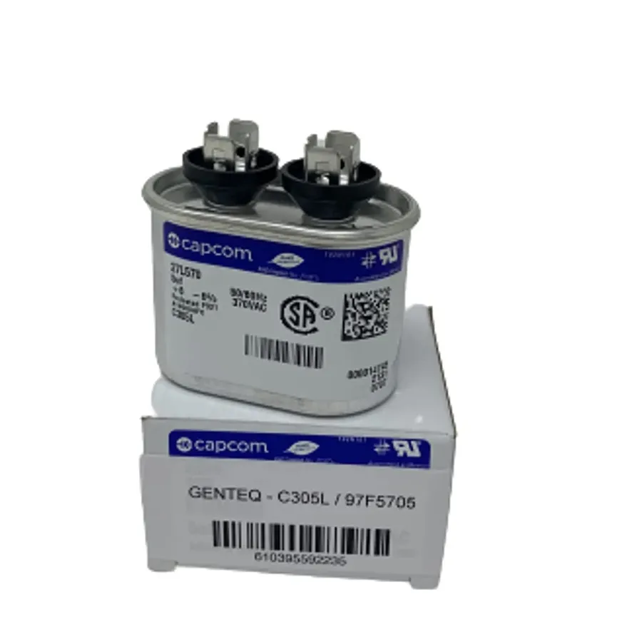 A detailed label on a Genteq capacitor showing specifications.