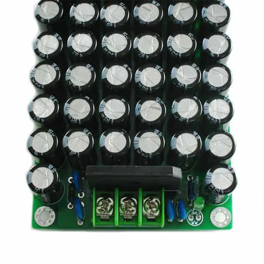 A close up of a audio amplifier circuit board with Nichicon capacitors.