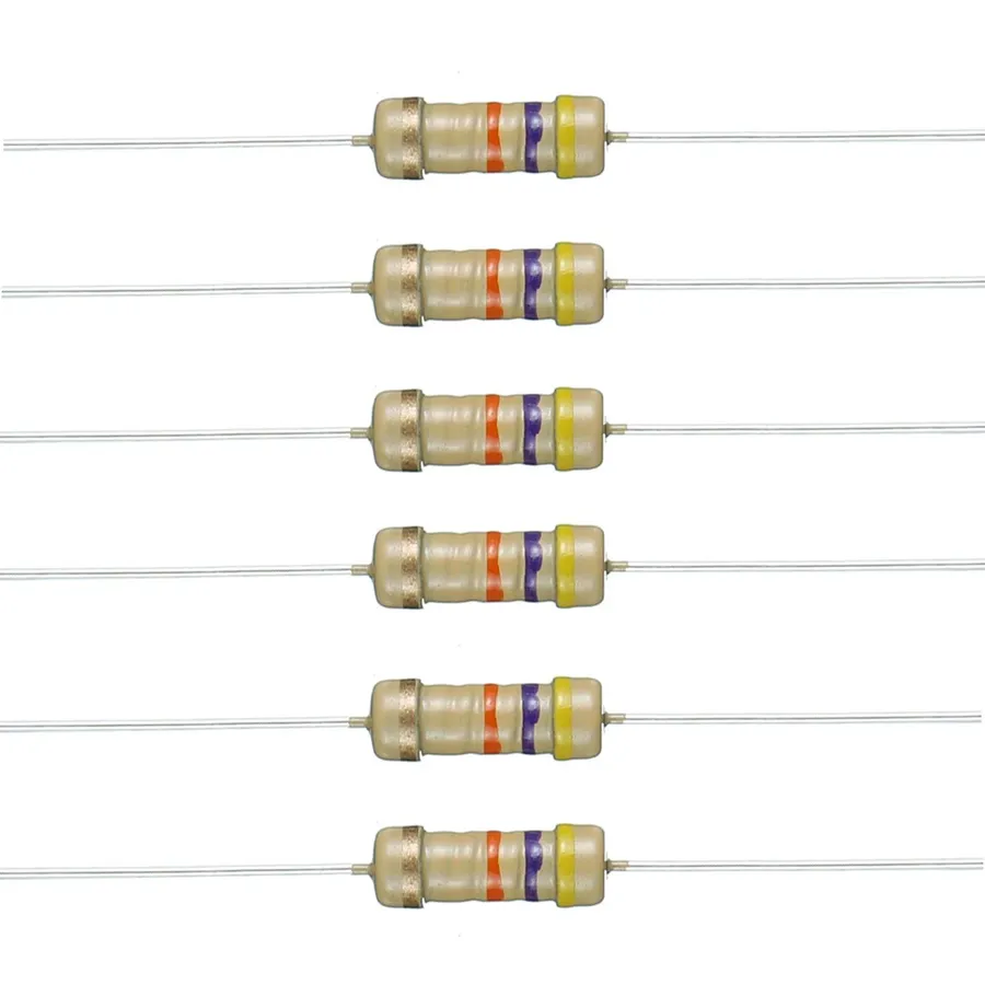 A side-by-side comparison of a 4.7k ohm and a 47k ohm resistor.