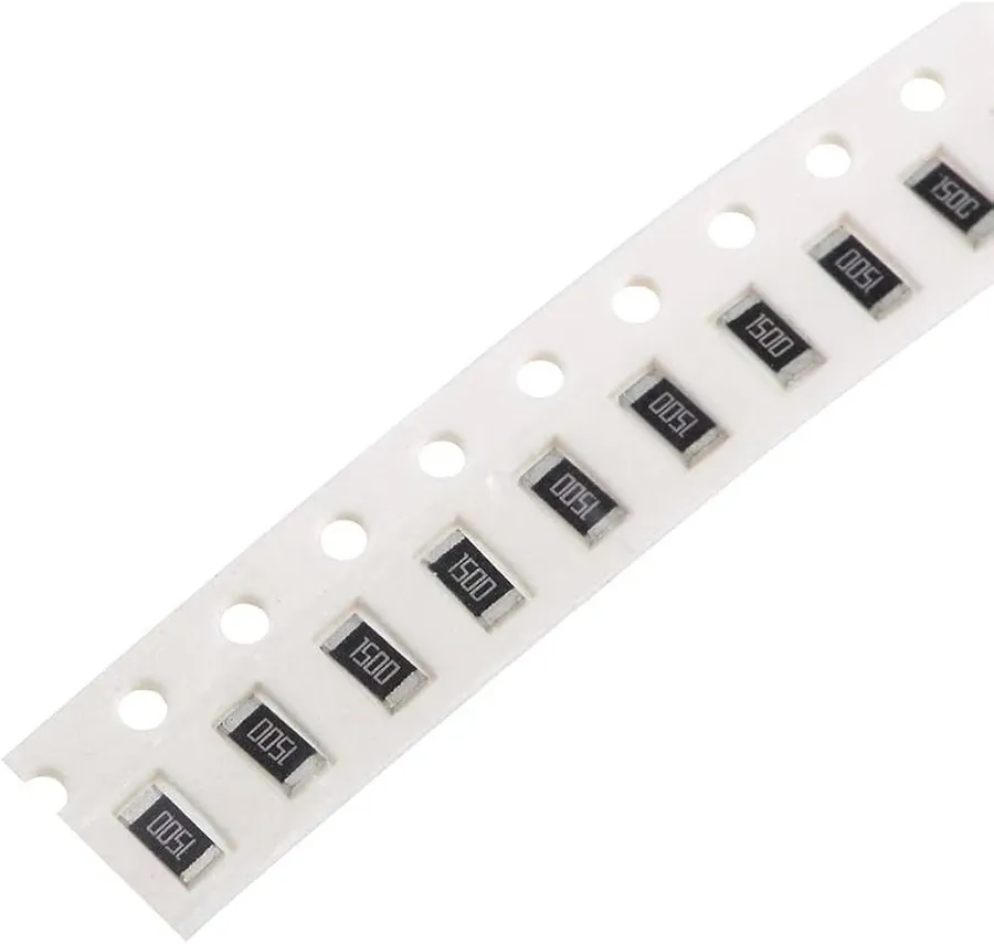 Various packages of surface mount resistors, highlighting their sizes and markings.