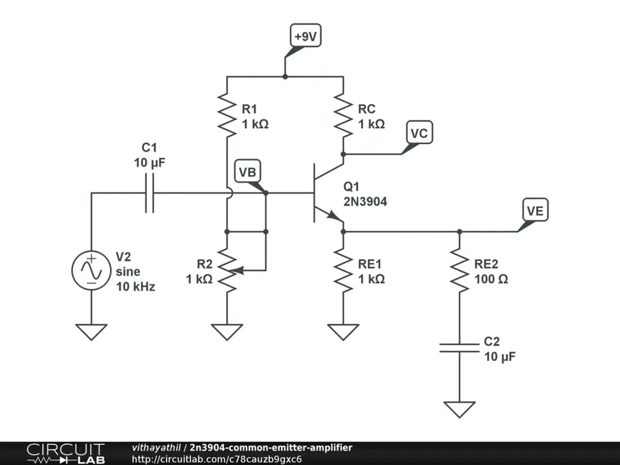A circuit diagram using a 2N3904 as an amplifier.